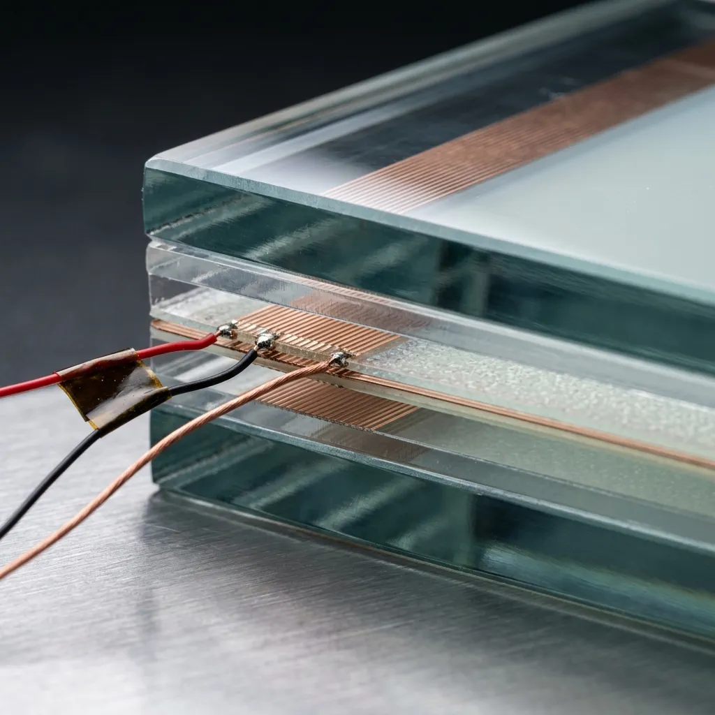 تفاصيل تقنية لطبقات الزجاج الذكي PDLC مع توصيلات الكهرباء المخفية