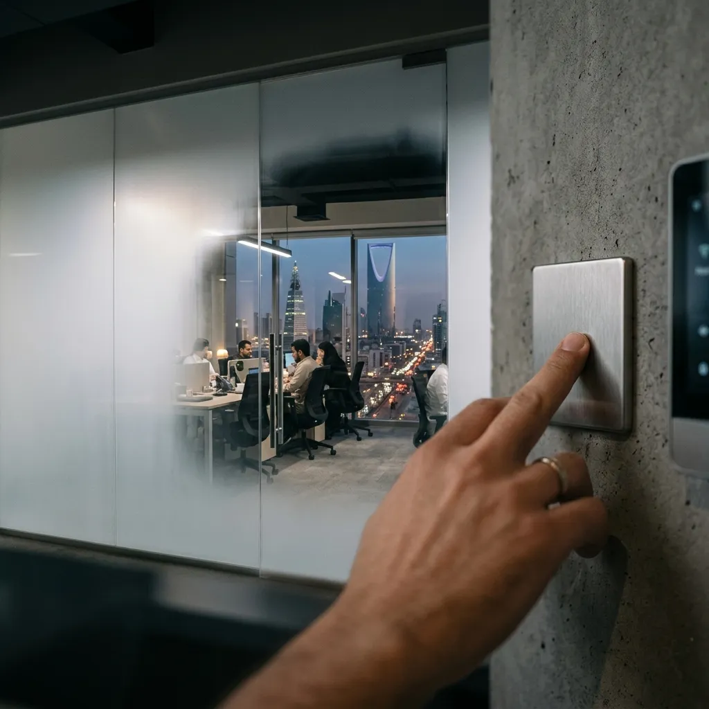 مفتاح تحكم في الزجاج الذكي داخل مكتب إداري في الرياض