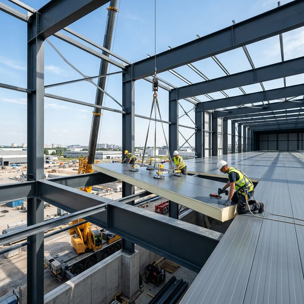 تركيب عوازل الساندوتش بانل على هياكل مستودعات الحديد