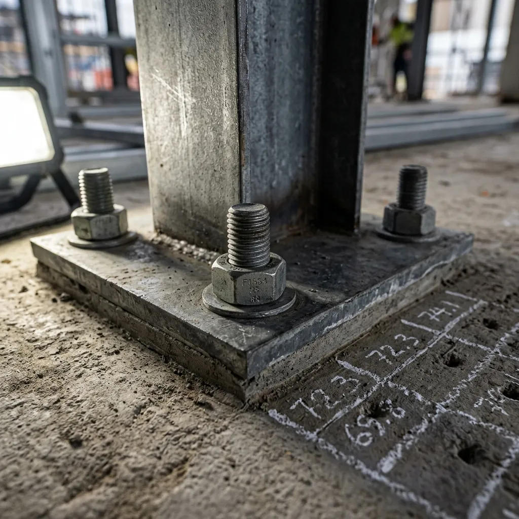 تفصيل اتصال عمود ميزانين فولاذي مع Base Plate مغلفن وAnchor Bolts ASTM F1554 ودراسة Concrete Strength للأرضية في موقع تركيب ماجيكو بالرياض