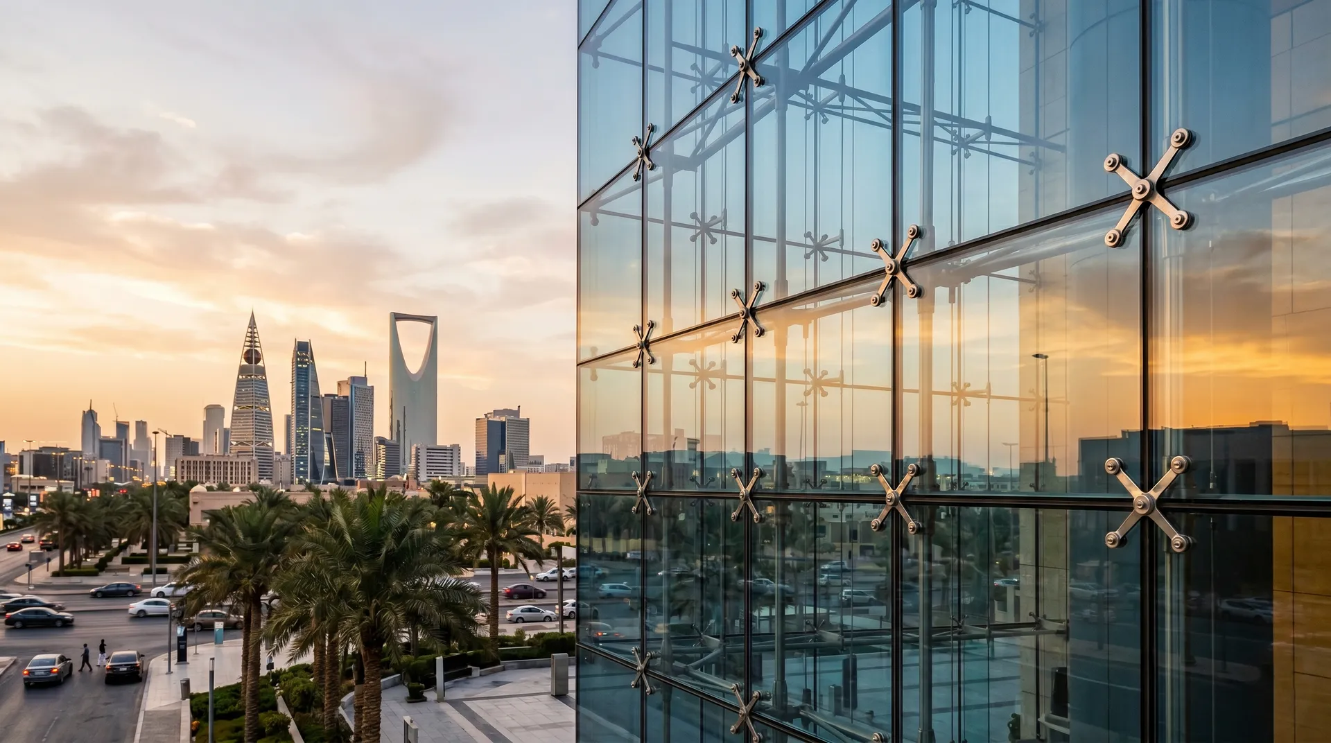 واجهة زجاجية هيكلية شاهقة لبرج إداري في الرياض، تثبيت Spider point-fixed بمواصفات SBC-301، ضوء الغروب الذهبي