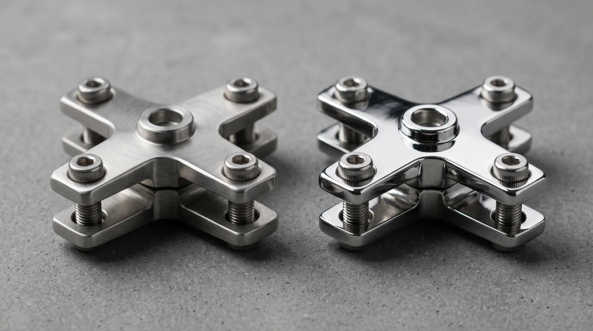 مقارنة ماكرو لمثبتات Spider بمعدن SS304 (مطفي) و SS316 (لامع marine-grade)، إضاءة استوديو احترافية