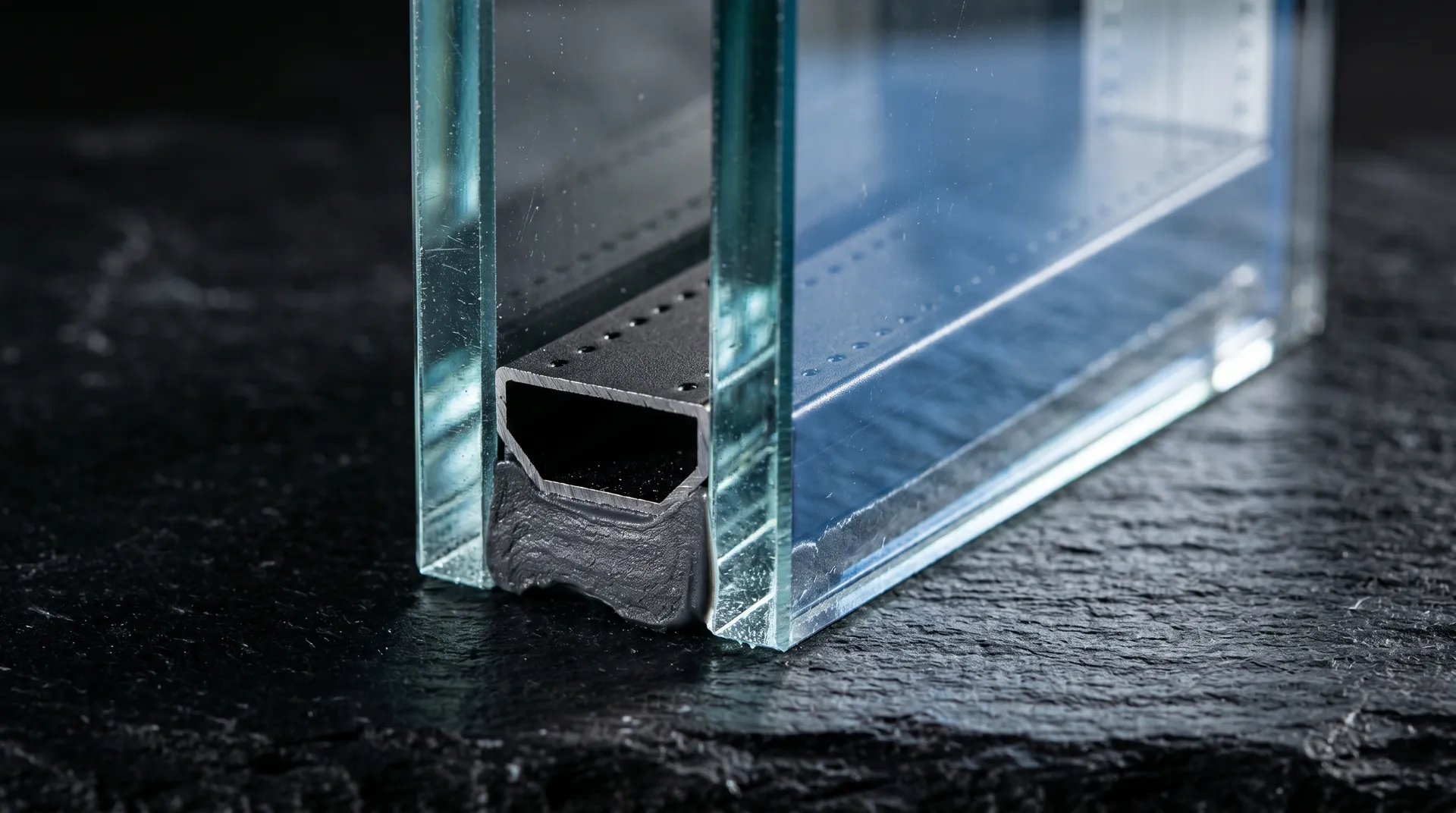 عينة قطاع زجاج Low-E مزدوج 6+12+6 على طاولة استوديو، إضاءة جانبية تكشف طبقات الزجاج المُعَالَج حرارياً