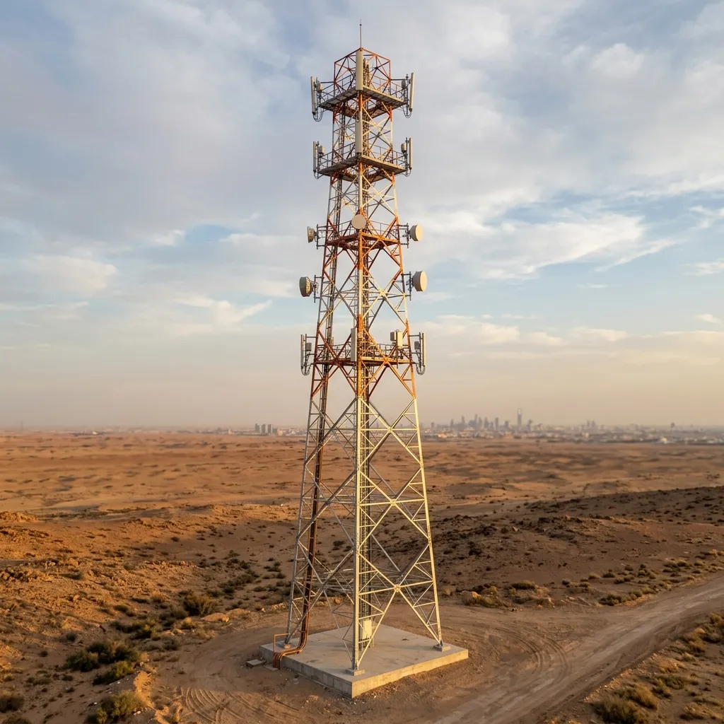برج اتصالات Self-Supporting Lattice ارتفاع 60 متر في منطقة صحراوية بالسعودية مع هوائيات 5G وأنظمة جلفنة Z610 وعلامة طيران بيضاء وحمراء