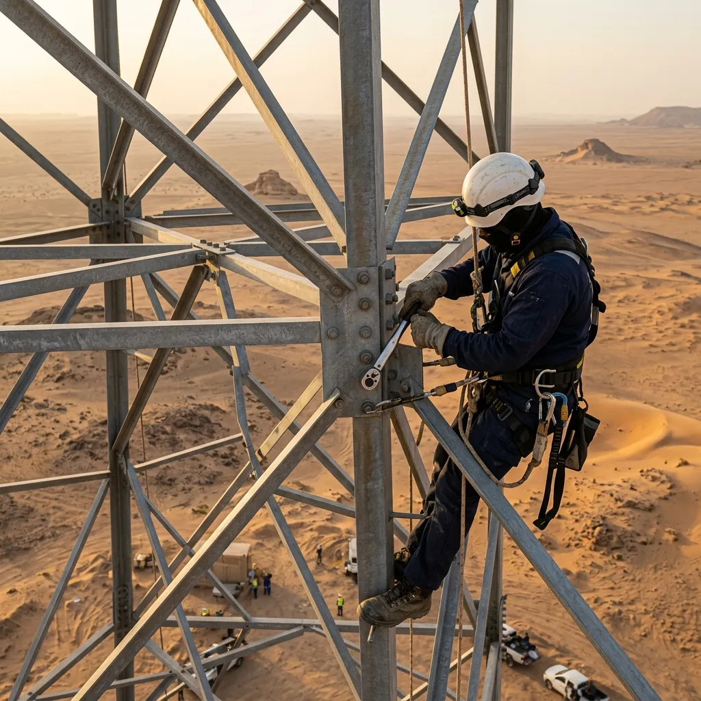 فني متخصص يقوم بفحص اتصال براغي ASTM A325 في برج اتصالات Lattice على ارتفاع 35 متر باستخدام Torque Wrench معاير وفق TIA-222-H بالسعودية