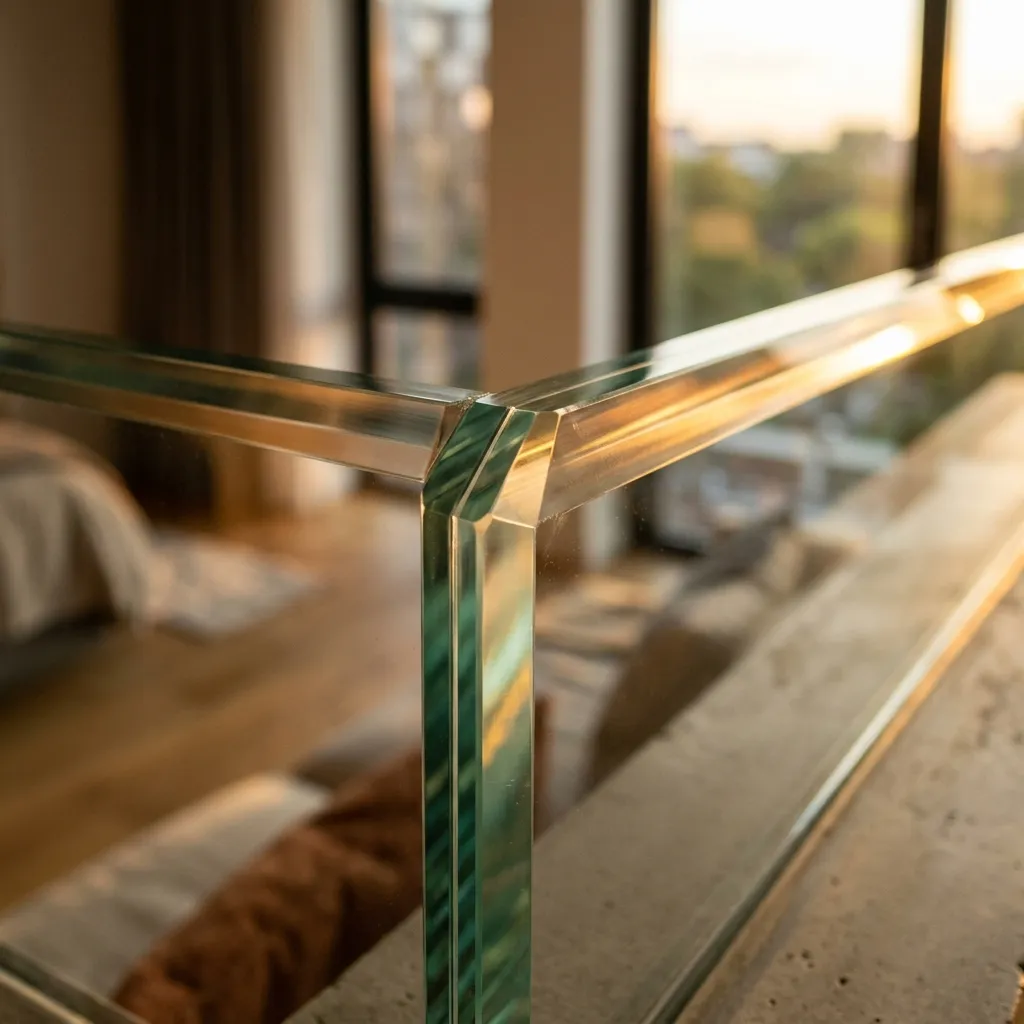 تفاصيل حافة زجاج سيكوريت 12 مم مصقولة ومجهزة للتركيب على واجهة تجارية