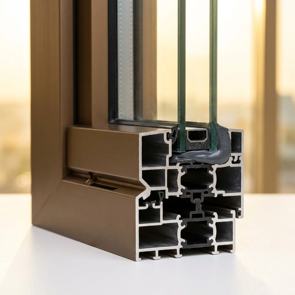 مقطع عرضي لقطاع ألمنيوم سفلي يُظهر فتحة التصريف Weep Hole المخرَّمة بـ CNC بقطر 5 مم مع كاوتش EPDM ألماني وسيليكون Dow Corning إنشائي