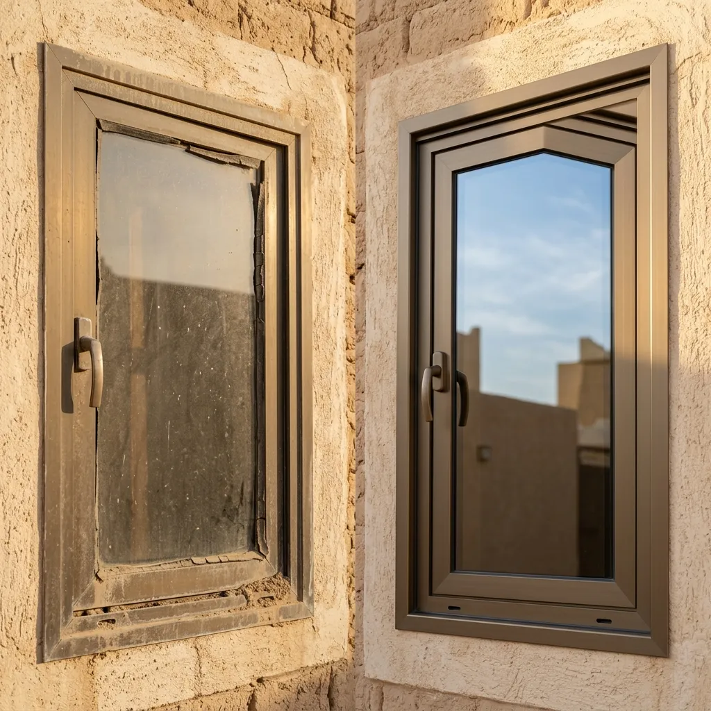 مقارنة بصرية بين شباك ألمنيوم بفتحات تصريف Weep Holes نظيفة مخرَّمة بـ CNC مقابل شباك آخر بفتحات مغلقة بالغبار